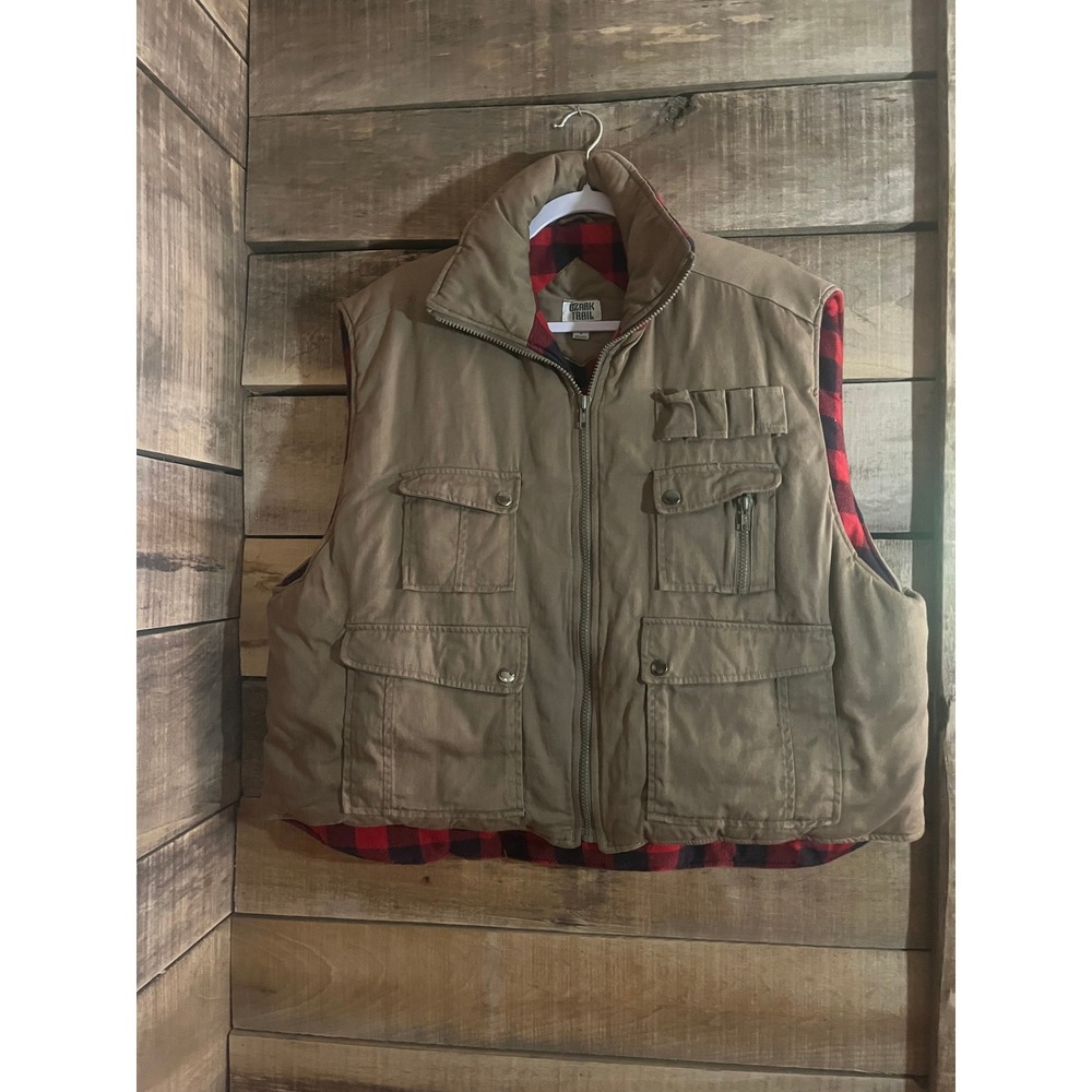 Ozark Trail Mens XL Tan Canvas Utility Vest Buffalo Plaid Flannel Lined Hunting